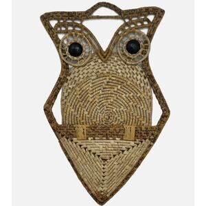 Vintage OWL Wall Hanging Trivet Holder w/ 4 trivets Décor Wicker Rattan Raffia